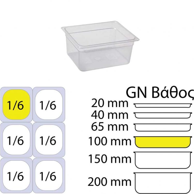 Εικόνα από Δοχείο Τροφίμων PC Διάφανο χωρίς καπάκι GN1/6 ύψος 100mm KAPP