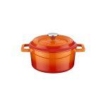 ikona apo Cast iron κατσαρόλα, πορτοκαλί, φ12cm, σμάλτο 3 στρώσεων, 2 ψησίματα, 1.5kg, με καπάκι & πόμολο, LAVA