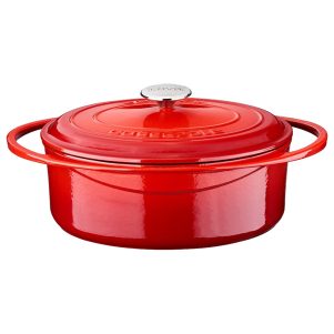 Ikona apo Cast iron κατσαρόλα οβάλ, κόκκινο, σμάλτο 3 στρώσεων, 2 ψησίματα, 6kg, με καπάκι & πόμολο, LAVA