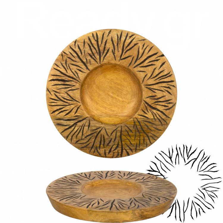 ΠΕΡΙΓΡΑΦΗ ΑΠΟ Ξύλινο gourmet πιάτο, φ25xΥ2.5cm, Mango σε φυσική απόχρωση, σκαλιστό σχέδιο μαύρο antique